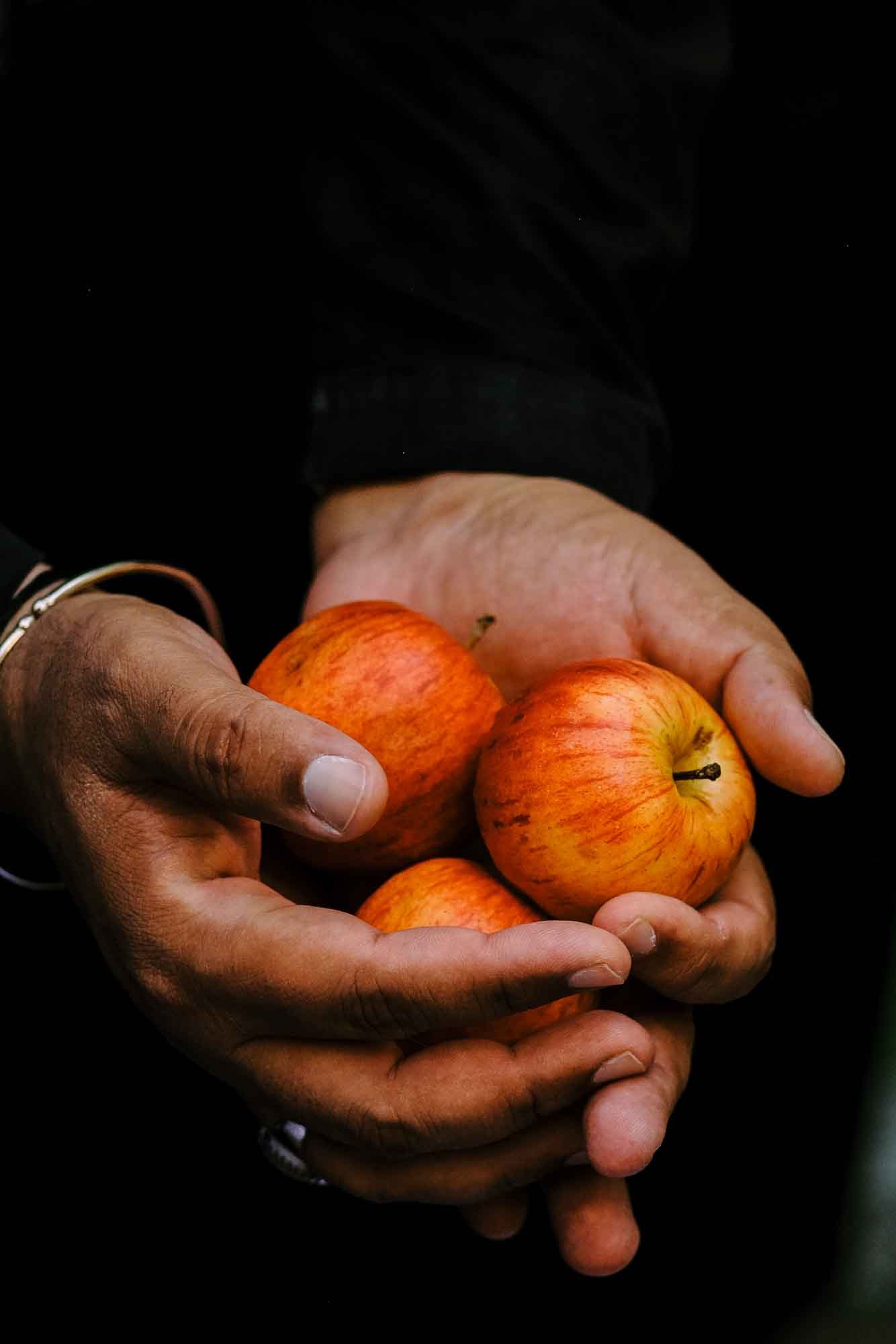 Cupped hands holding three red apples against a dark background, by Nad-E-Ali